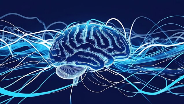 Abstract visualization of a digital brain with glowing neural network connections. A concept of artificial intelligence, neuroscience, and consciousness. - Powered by Adobe