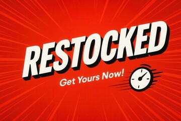 Bold red advertisement with the word "RESTOCKED" in dynamic text and a clock icon, indicating urgency for a limited-time offer or sale event.
