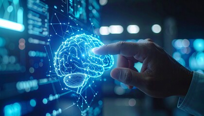 hand pushing a button on a touch screen interface with a electronic brain