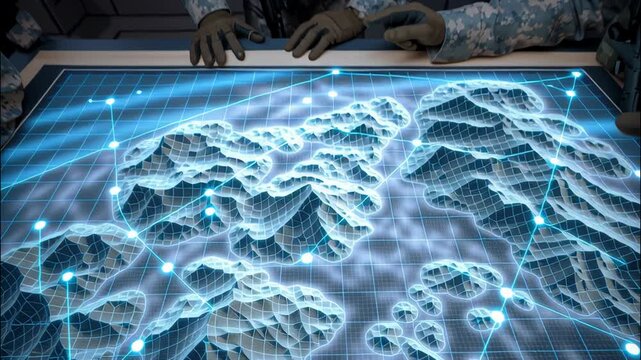Soldiers Analyzing Tactical Map in High-Tech Command Center at Night