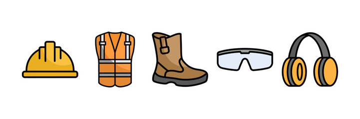 Safety Equipment Icon Set, Containing design Safety Helmet, Safety Vest, Safety Boots, Safety Glasses, Ear Plug