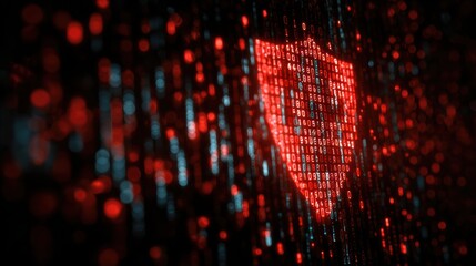A digital shield symbol surrounded by glowing binary code representing cybersecurity protection.