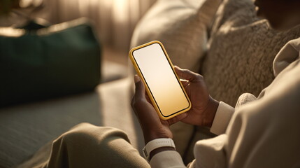 African american man holding smartphone with blank screen, mock up concept for content creation and app display.