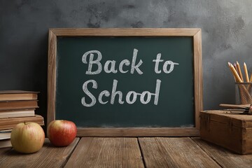 Green blackboard or chalkboard with the inscription back to school and wooden table with copy space. Empty background. Back to school concept.