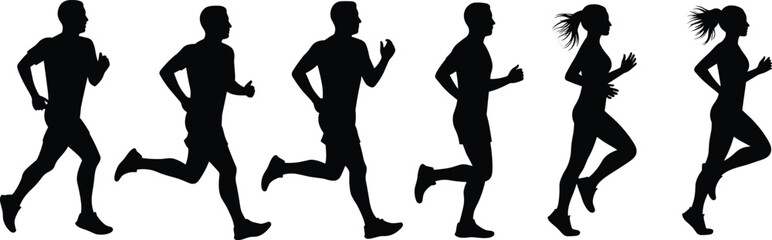 Group of Diverse Runners in Motion Silhouette Vector Illustration Set, Male and Female Athletes Running, Sports, Fitness, Healthy Lifestyle, Black and White, Dynamic Action.
