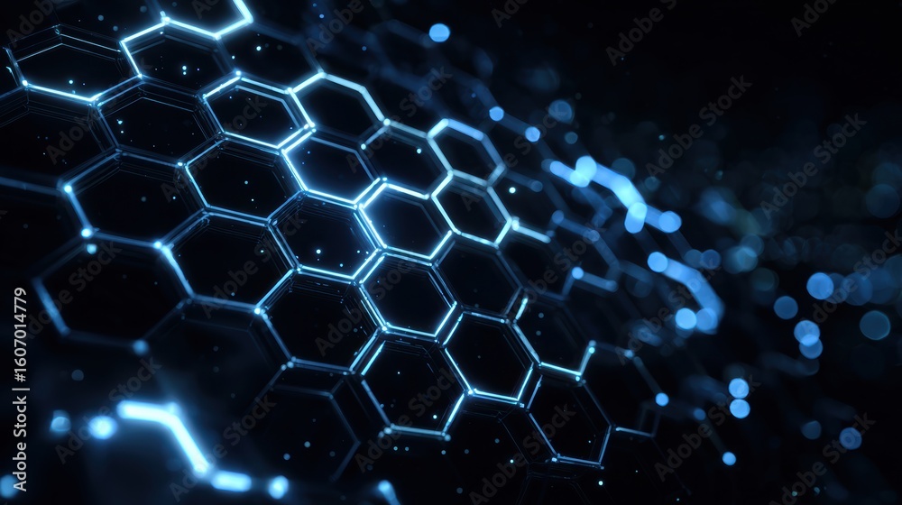 Poster a dynamic, abstract representation of hexagonal patterns illuminated by bright blue lights, ideal fo