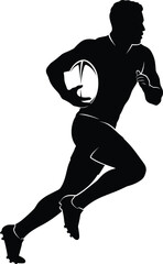 Rugby Player Running with Ball Silhouette Vector Illustration, Dynamic Action Shot, Sports, Fitness, and Team Game, Black and White, Speed and Strength Depicted.