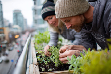 couple planting herbs on balcony to save on groceries,
