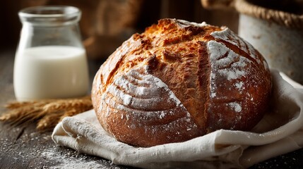 Freshly baked round whole wheat bread on a rustic white towel. The bread has a beautiful golden crust and an intricate pattern