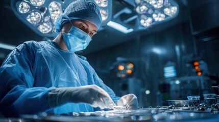 A focused surgeon in sterile attire performing a surgical procedure in a well-lit operating room.