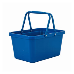 Empty blue plastic shopping basket with handles isolated on a white background.