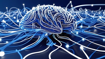 Futuristic digital brain with glowing neural pathways, representing artificial intelligence, machine learning, and data processing.