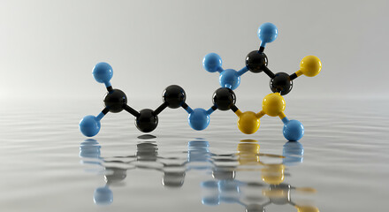 Obraz premium Metallic Serotonin Molecule (Blue, Black, Yellow) on Translucent Liquid 3D Render - Ultrarealistic V-Ray HDR 