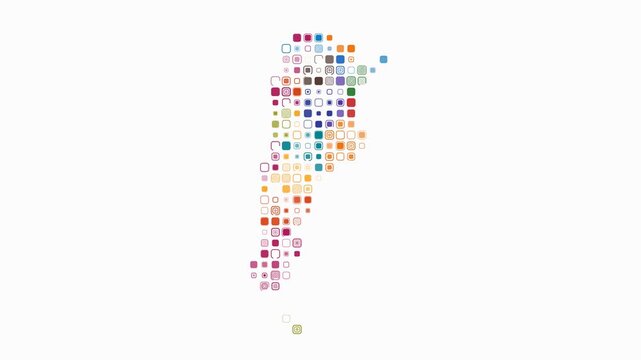Argentina dotted animation. Shape of the country build of pulsating colored dots. Large size rounded square blocks. Digital style map on white background. Trending video.