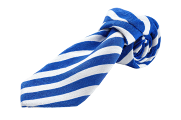 A blue and white striped necktie, tied in a knot, isolated on white