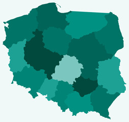 Map of Poland with regions. Just a simple country border map with region division. Teal color palette. Blank Poland shape with administrative division. Vector illustration.