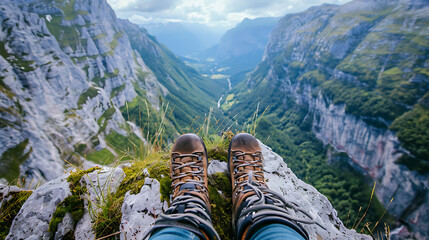 View of hiking boots on a cliff overlooking a valley with mountains and green trees in the distance