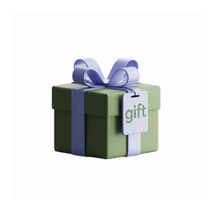 Elegant green gift box with a pastel purple ribbon and tag. 3D rendering for celebrations.