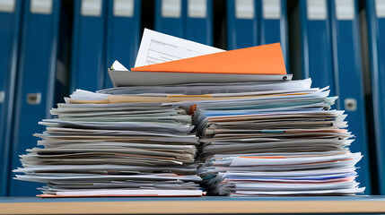 Overwhelmed by paperwork? Two imposing stacks of documents and files suggest a busy office or the need for better organization. Time for filing!