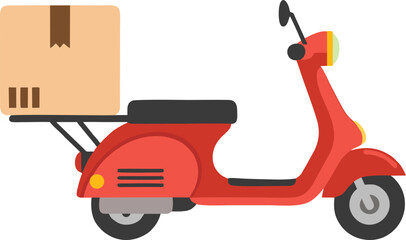 Vector illustration of a red delivery scooter carrying a package. Perfect for food delivery or e-commerce concepts. © Akhmad