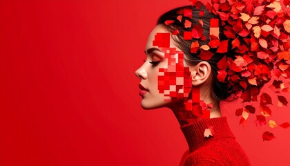 red-toned pixel art portrait of a woman, minimal 8-bit style, her face composed of varying shades of red and crimson pixels, stylized hair subtly blending into a pattern of abstract pixelated leaves, 