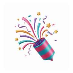 Colorful 3D party popper exploding with festive confetti and streamers