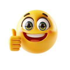 Happy emoticon with thumbs up.  3D rendering of a cheerful emoji