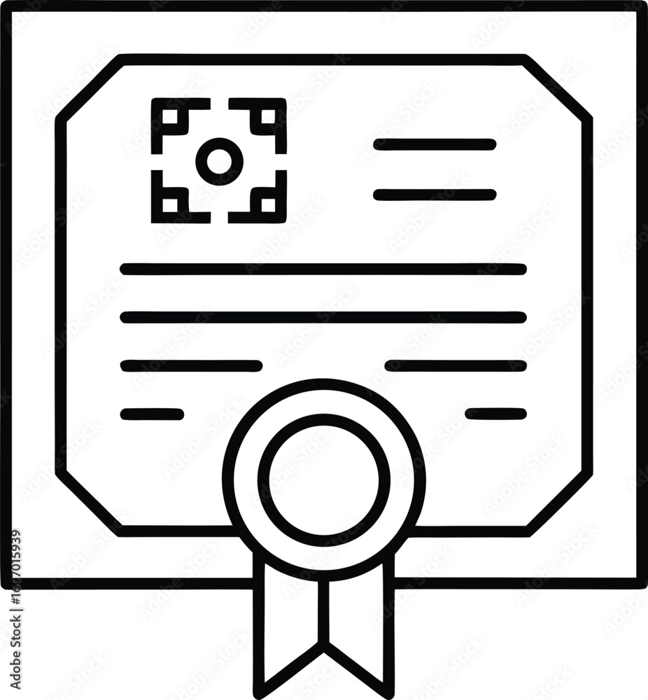 Poster Clean line art certificate icon with qr code isolated on transparent background