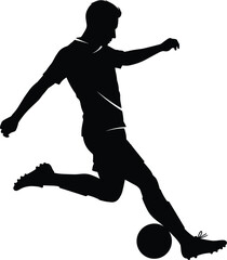 Soccer Player Dribbling Ball Silhouette Vector Illustration, Football Action Shot, Sports, Fitness, and Team Game, Black and White, Dynamic Pose, Skill and Control.