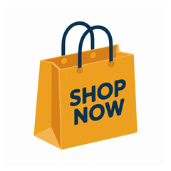 Shop now text on a yellow paper bag. Vector graphic icon for e-commerce and retail sale.