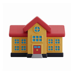 3D Render of a Yellow School Building with Red Roof and Blue Windows