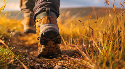 A close up shot of hiking boots on a trail through tall golden grass on a sunny day outdoors
