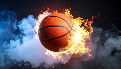 Basketball engulfed in flames, surrounded by smoke