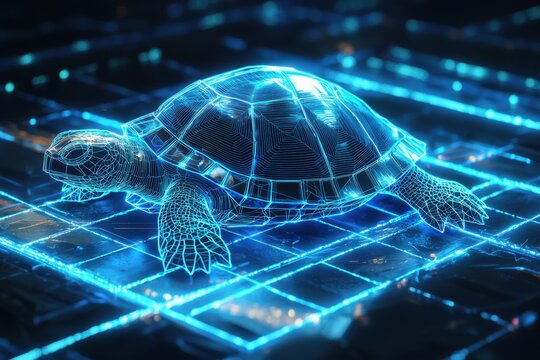 Digital hologram of a turtle on a futuristic grid background - Powered by Adobe