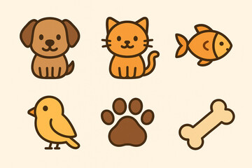 Cute Animal Icons Set – Dog, Cat, Fish & More in Minimalist Flat Style