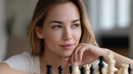 Pensive woman analyzing chess board, planning next move 