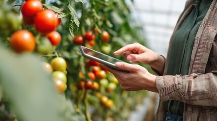 A person using a smartphone to monitor tomato plants in a green house setting, showcasing modern agriculture technology.