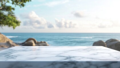 Fototapeta premium Mock-Up Template: Glossy White Marble Table Top With Blurred Sky And Sea Bokeh - Perfect For Product Display. Auch A Stunning Visual!