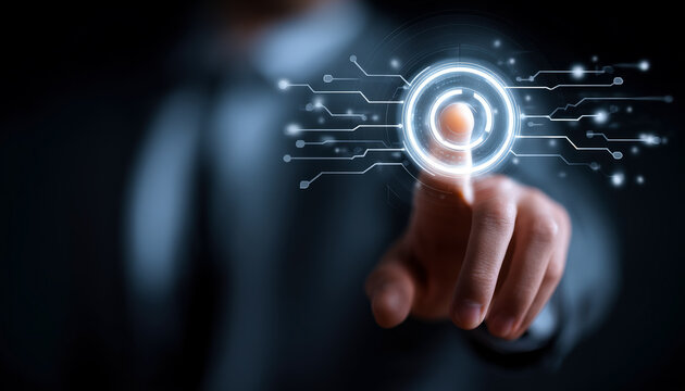 Business professional interacting with a futuristic digital interface - Powered by Adobe