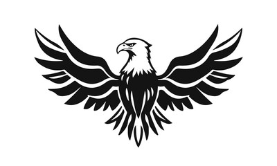 Eagle logo template. Black and white silhouette of an eagle with spread wings. Symmetrical and stylish logo, perfect for branding and emblems