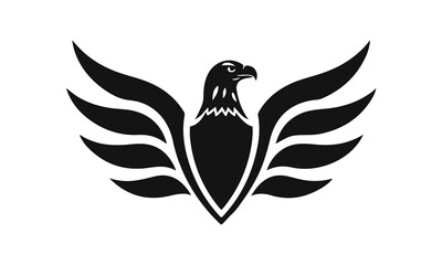 Eagle logo template. Black and white silhouette of an eagle with spread wings. Symmetrical and stylish logo, perfect for branding and emblems