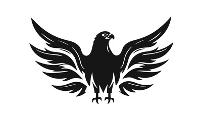 Eagle logo template. Black and white silhouette of an eagle with spread wings. Symmetrical and stylish logo, perfect for branding and emblems