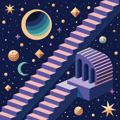 Cosmic pathway stairs in starry night with planets and celestial bodies vector art design for futuristic projects