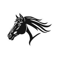 Horse logo template. Black and white silhouette of a horse head with a graceful mane. Elegant minimalist logo for branding, design and printing