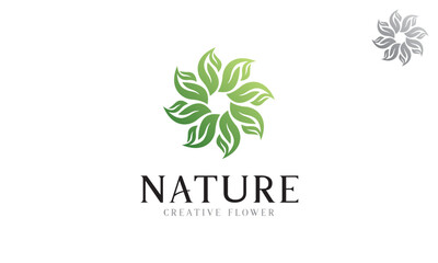 Nature logo with circular leaves forming green gradient flowers vector design