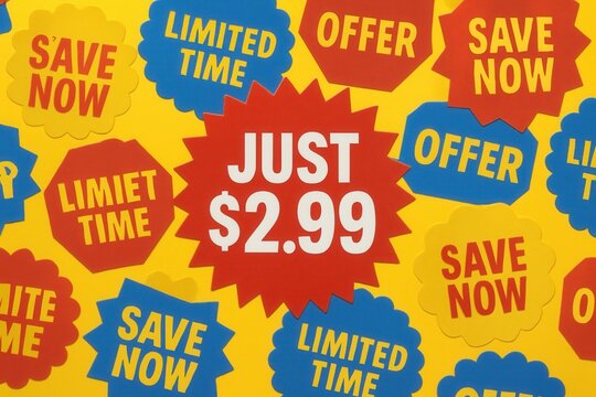Colorful promotional signs featuring phrases like "Just $2.99," "Save Now," and "Limited Time" in bold red, yellow, and blue, conveying urgency in advertising deals.