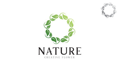 Nature logo with circular leaves forming green gradient flowers vector design