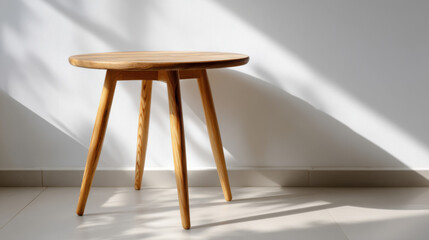 Round wooden table with soft sunlight casting delicate shadows on white wall for product mockup display 