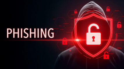 Hacker in dark hoodie behind digital lock with word phishing, cybersecurity threat in online security network, internet data protection and cybercrime concept