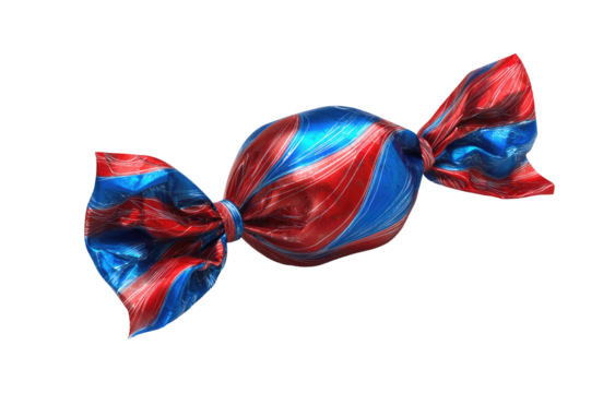 Close-up of a candy wrapped in vibrant red and blue foil.  The wrapping has a swirly pattern